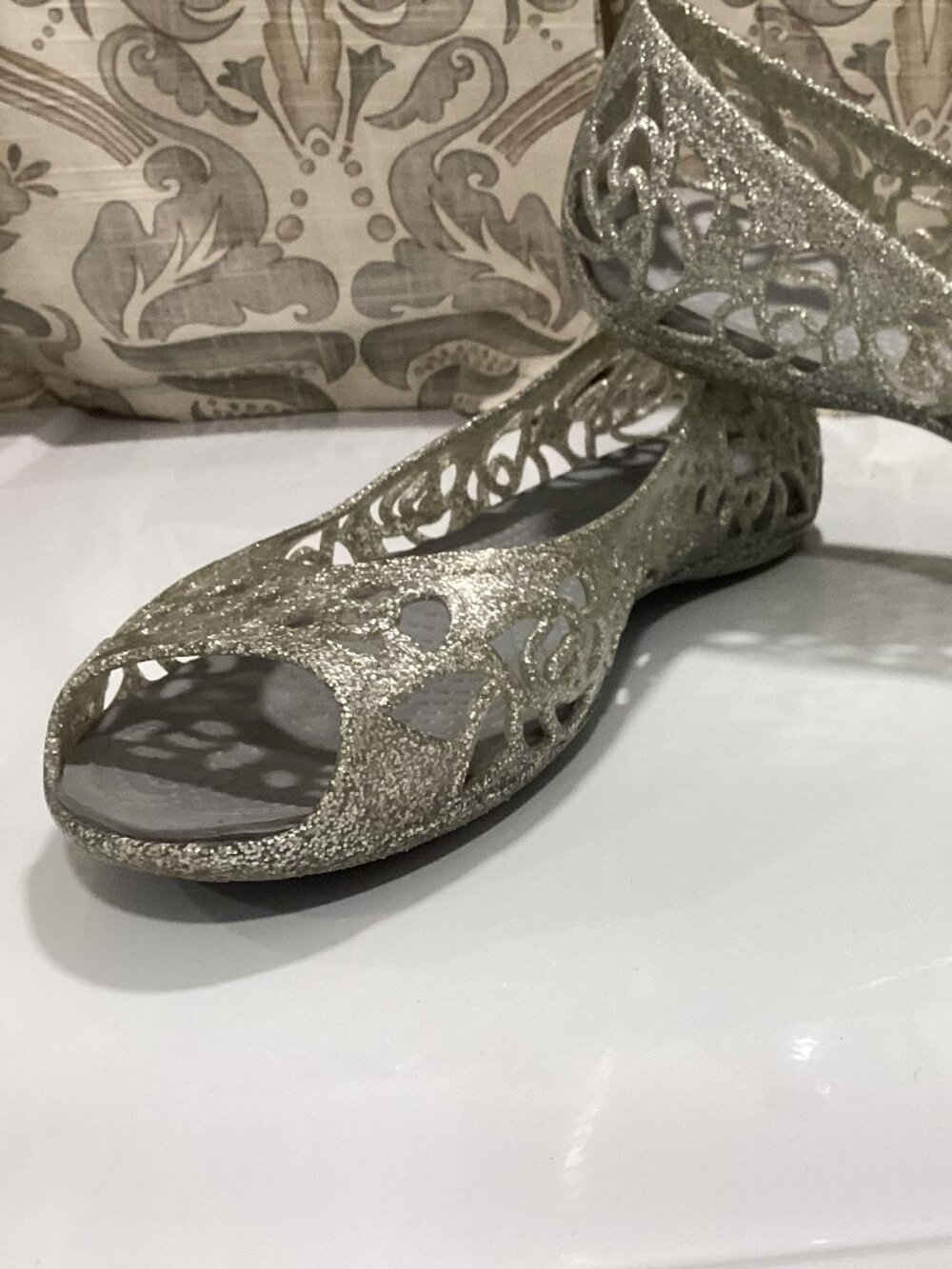 Almost New Crocs Isabella Silver Glitter Jelly Peep Toe Flats